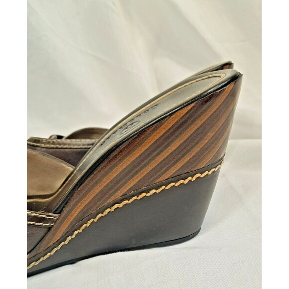 Cole Haan D19012 Women’s 7.5 B Wedge Slide Sandals Brown Leather Chain Accent - Picture 7 of 10